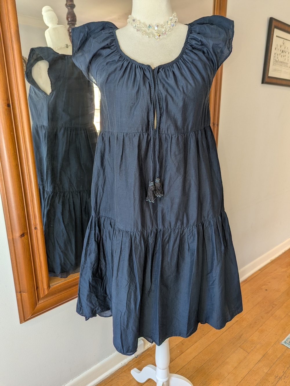 Calypso St. Barth Navy Tiered Silk/Cotton Dress with Puff Sleeves